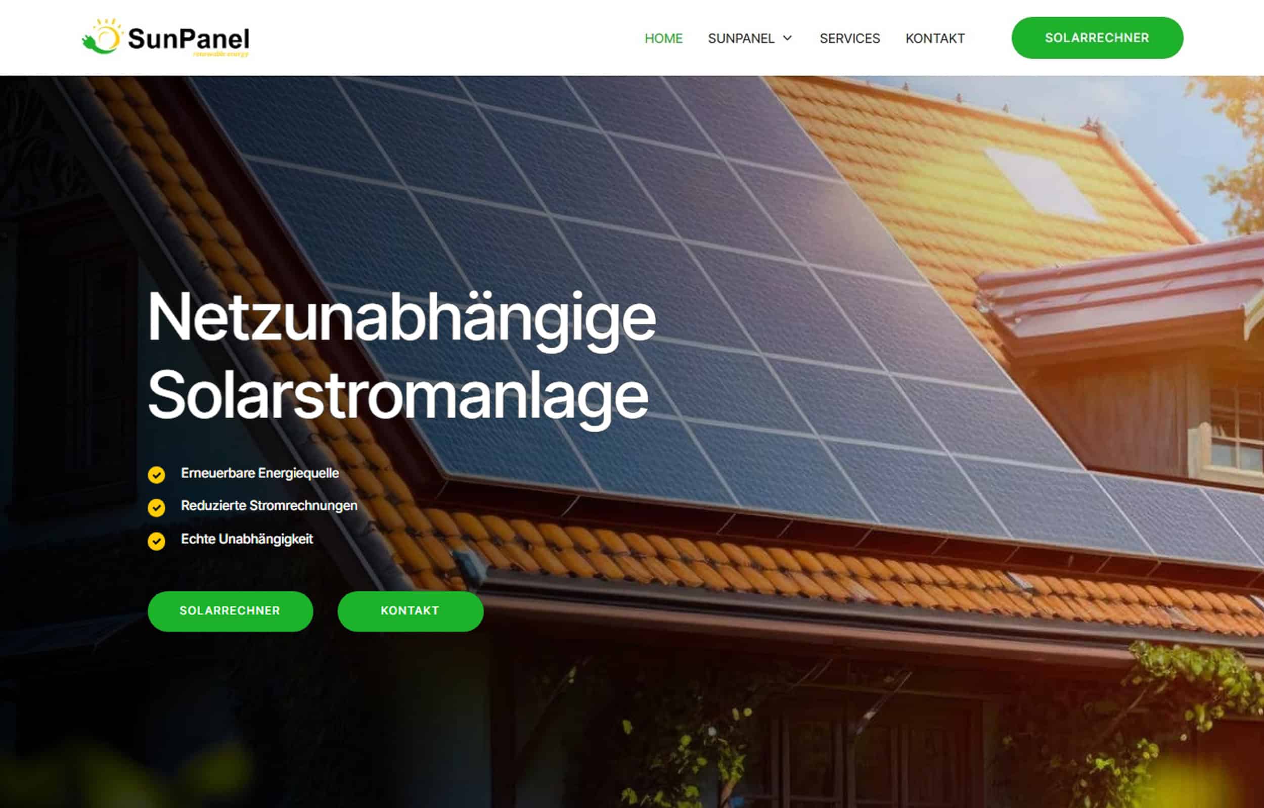 Screenshot einer Website für Solaranlagen